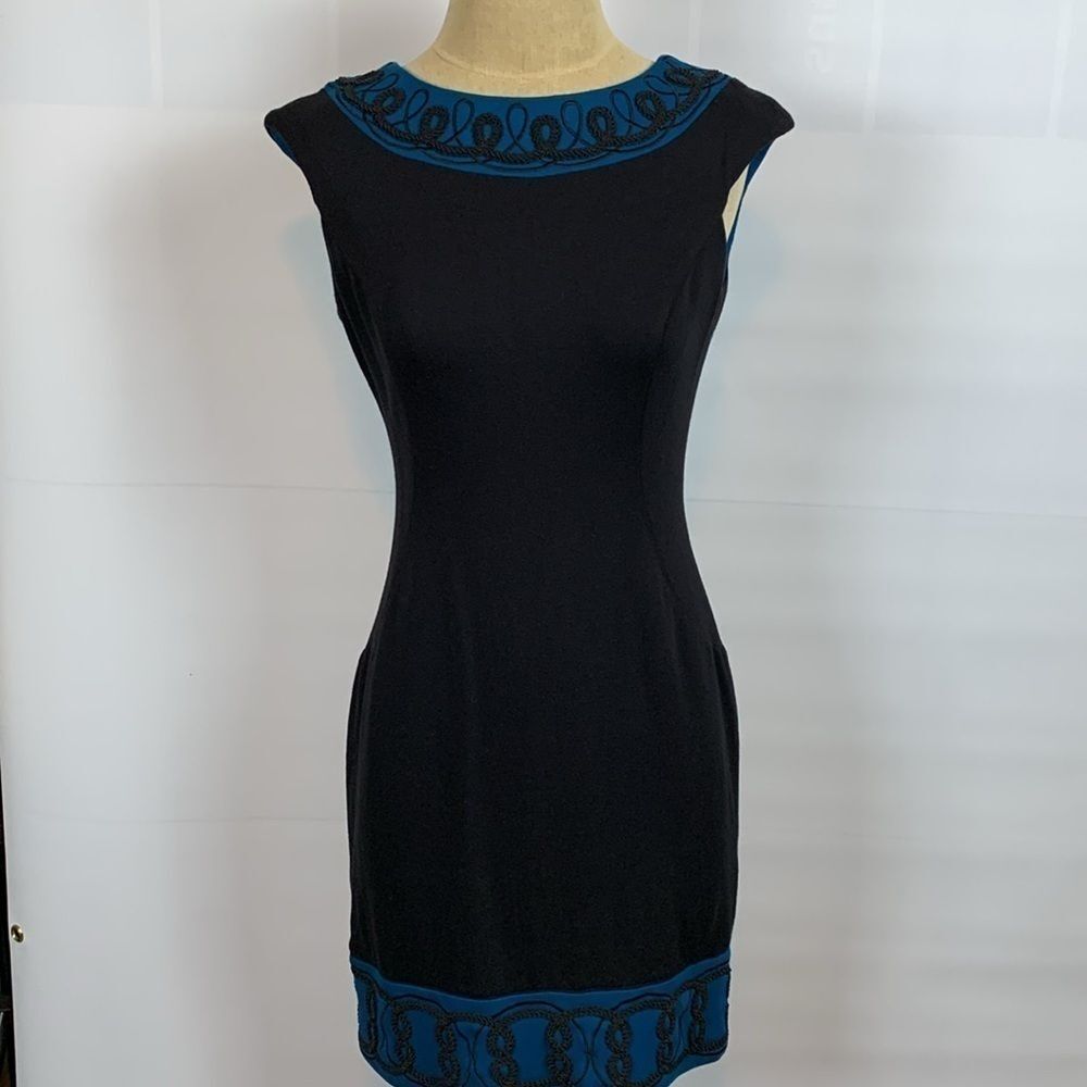 Classy Maggy London black with teal dress with braid embellishment, size 6